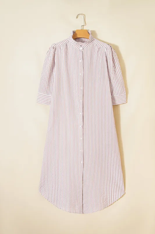 Khaki Stripe Frilled Collar Half Sleeve Shirt Maxi Dress made by Beagle Boutique