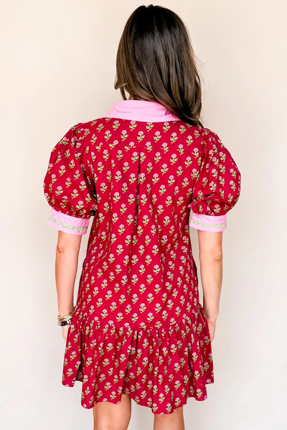 Red Floral Print Contrasted V-Neck Short Bubble Sleeve Mini Dress sold by Beagle Boutique product image thumbnail 3