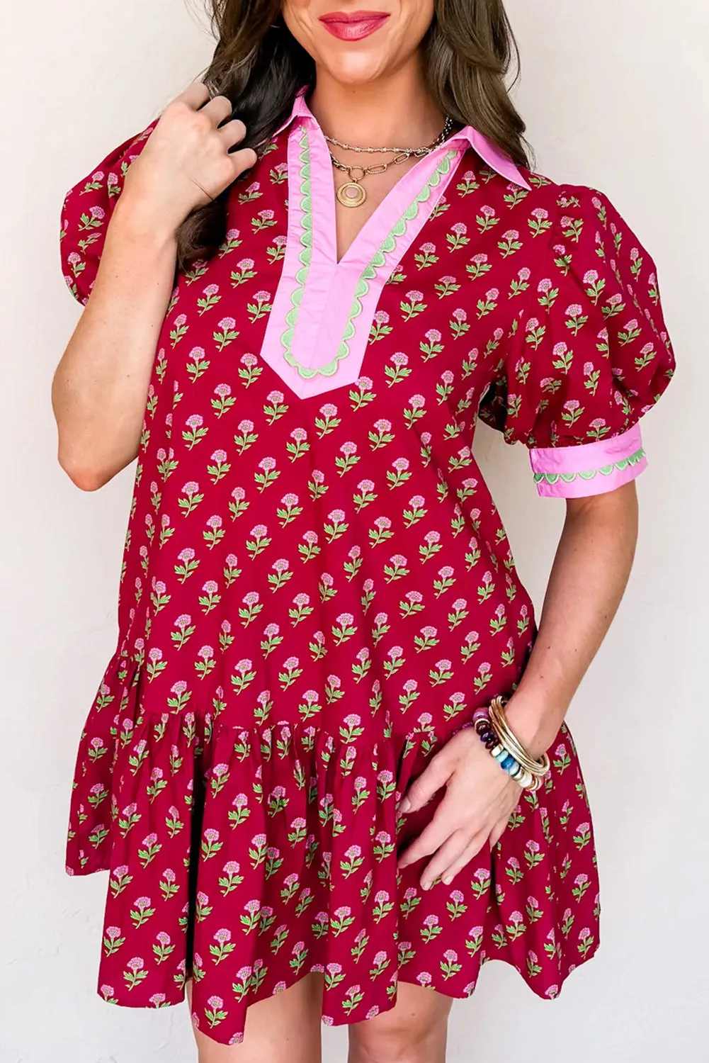 Red Floral Print Contrasted V-Neck Short Bubble Sleeve Mini Dress sold by Beagle Boutique product image thumbnail 2