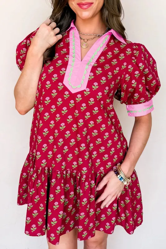 Red Floral Print Contrasted V-Neck Short Bubble Sleeve Mini Dress sold by Beagle Boutique