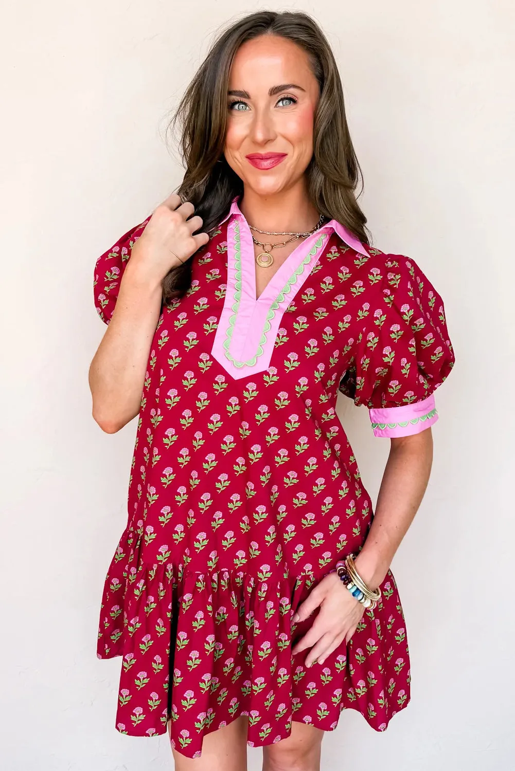 Red Floral Print Contrasted V-Neck Short Bubble Sleeve Mini Dress sold by Beagle Boutique product image thumbnail 5