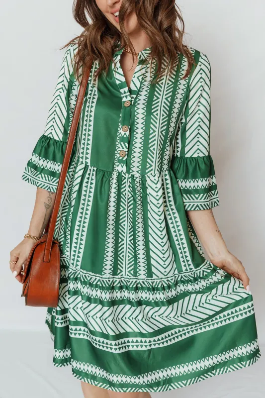 Green Boho Ethnic Print Half Button 3/4 Sleeve Casual Dress sold by Beagle Boutique
