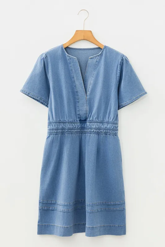 Elastic Waist Short Sleeve Denim Mini Dress made by Beagle Boutique