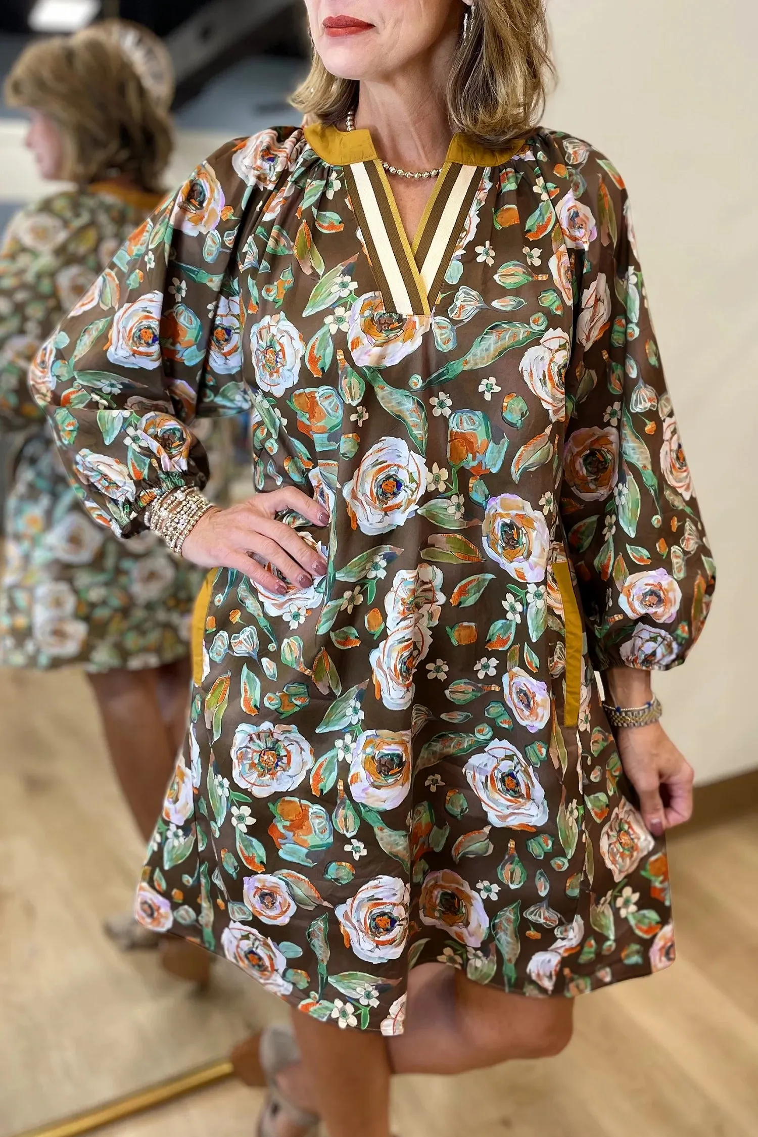 Brown Floral Print Contrast Trim V-Neck Pocketed Long Sleeve Mini Dress sold by Beagle Boutique