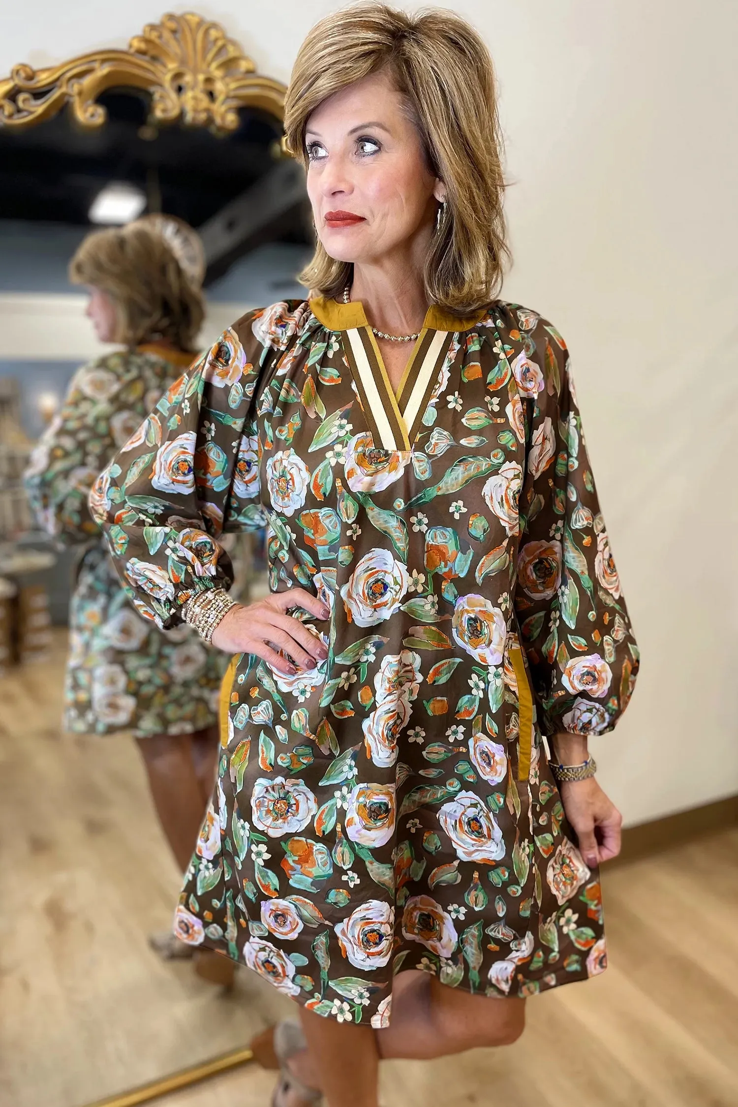 Brown Floral Print Contrast Trim V-Neck Pocketed Long Sleeve Mini Dress sold by Beagle Boutique product image thumbnail 3