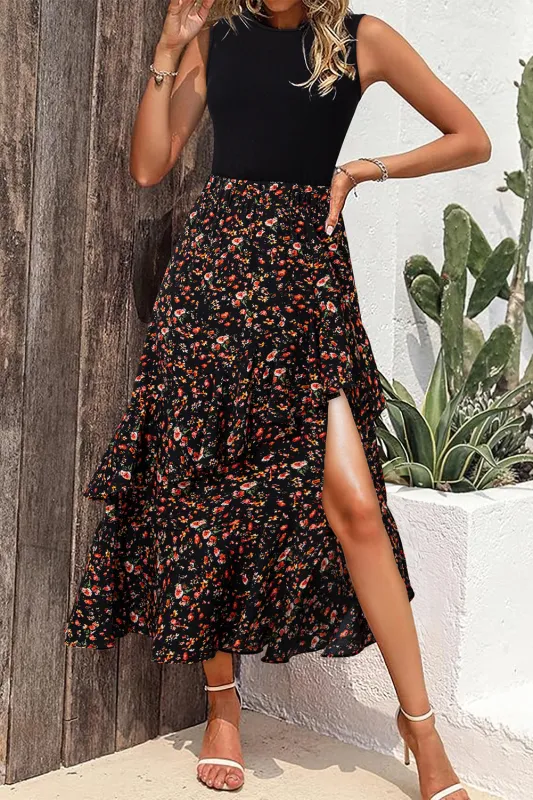 Black Floral Asymmetric Ruffle Skirt Solid Tank Bodice Dress sold by Beagle Boutique