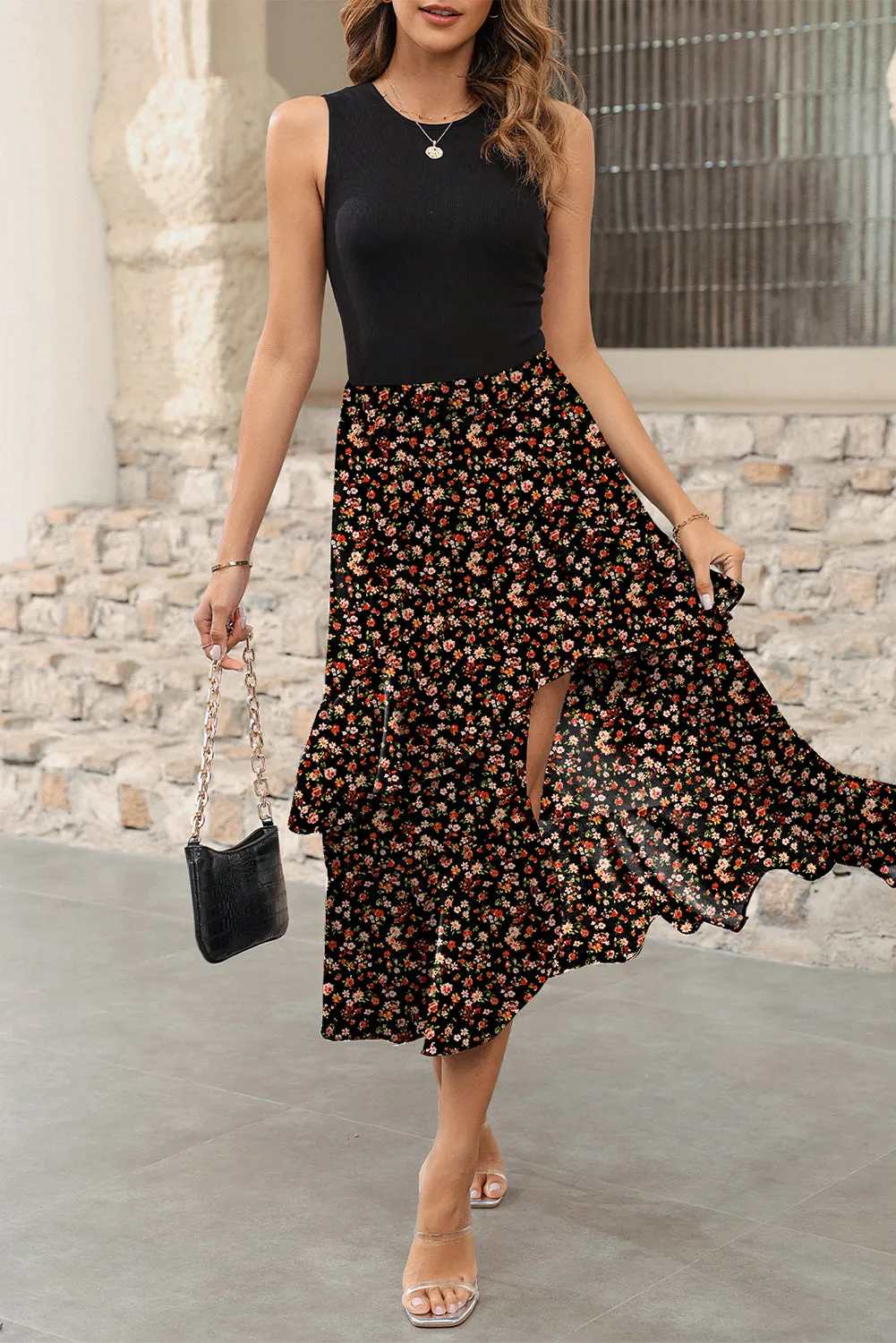 Black Floral Asymmetric Ruffle Skirt Solid Tank Bodice Dress sold by Beagle Boutique product image thumbnail 3