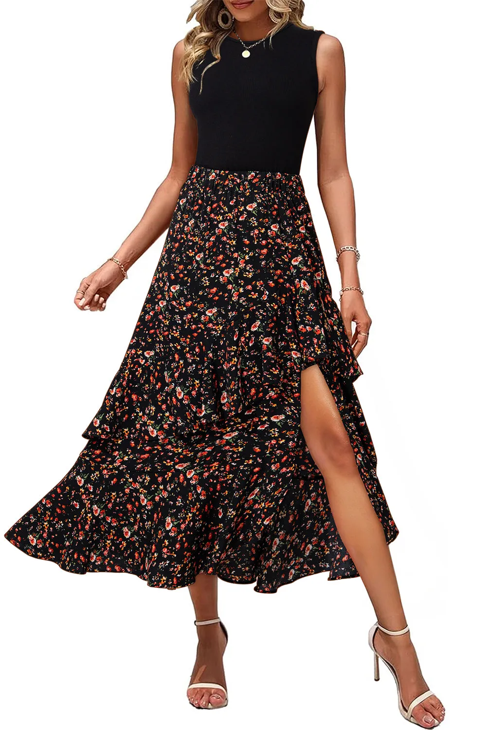 Black Floral Asymmetric Ruffle Skirt Solid Tank Bodice Dress sold by Beagle Boutique product image thumbnail 4