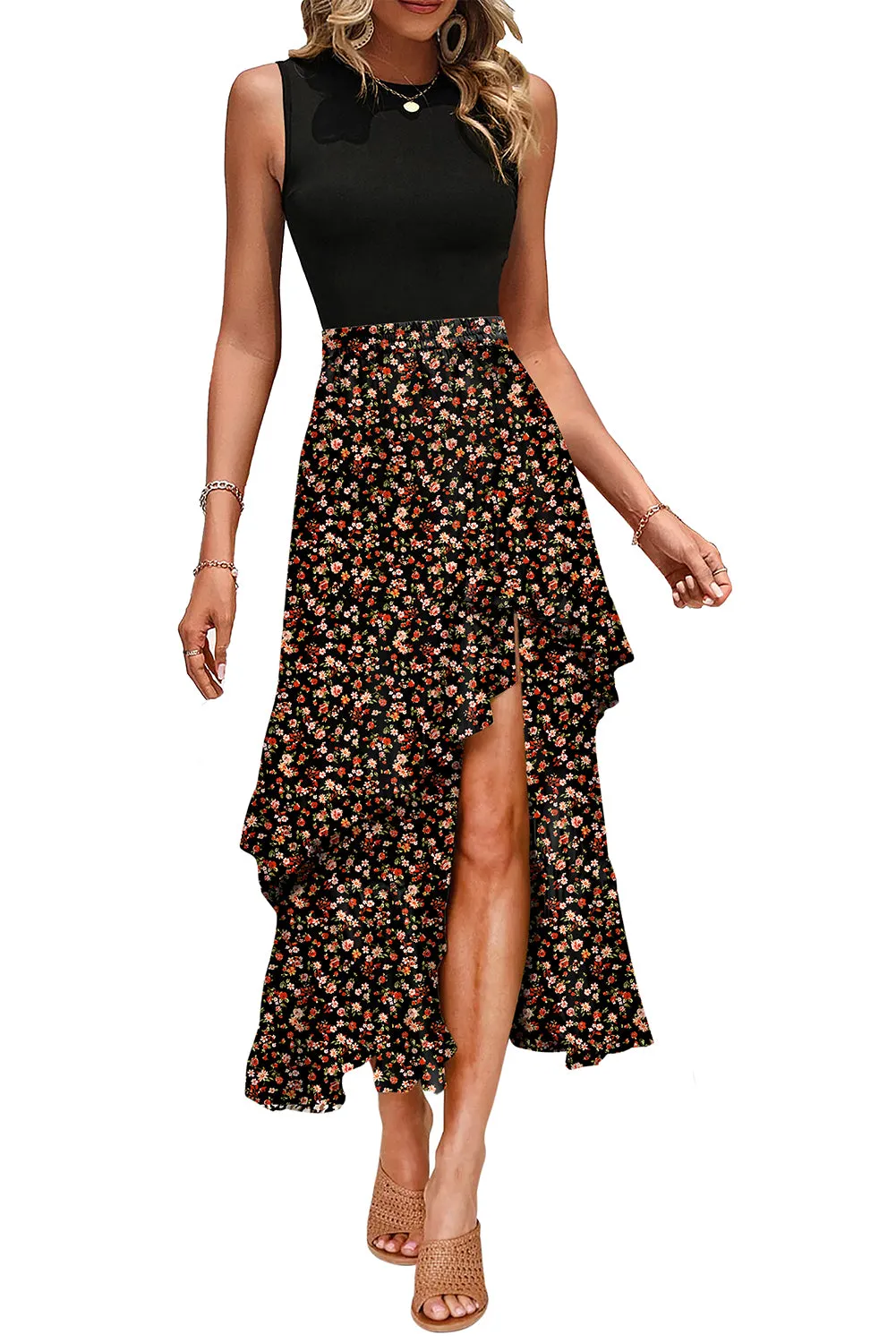 Black Floral Asymmetric Ruffle Skirt Solid Tank Bodice Dress sold by Beagle Boutique product image thumbnail 5