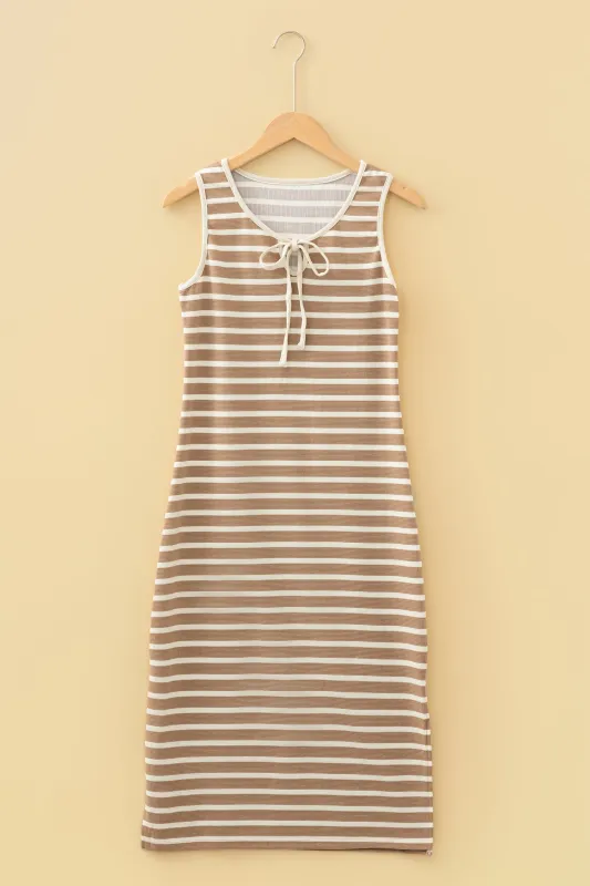 Khaki Stripe Tie V-Neck Sleeveless Side Slit Midi Dress made by Beagle Boutique