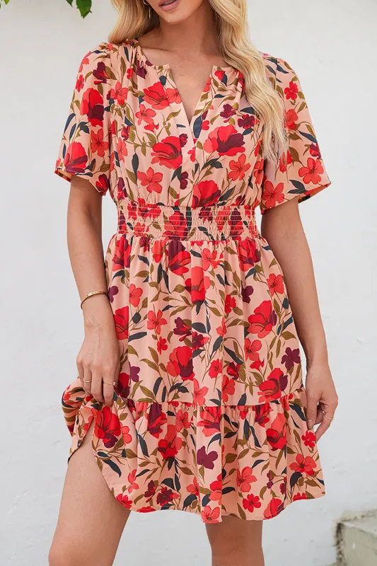Red Floral Print Wrap V-Neck Short Sleeve High Waistband Mini Dress sold by Beagle Boutique
