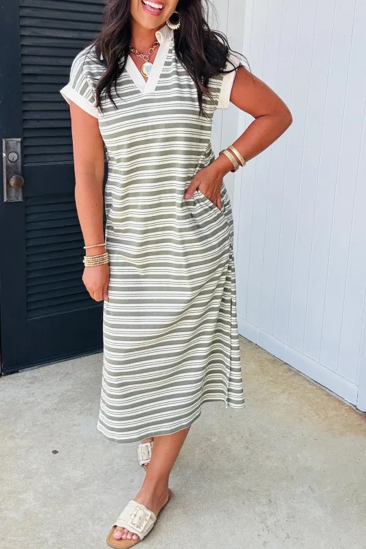 Green Stripe Collared V-Neck Short Sleeve T-Shirt Midi Dress with Pockets sold by Beagle Boutique