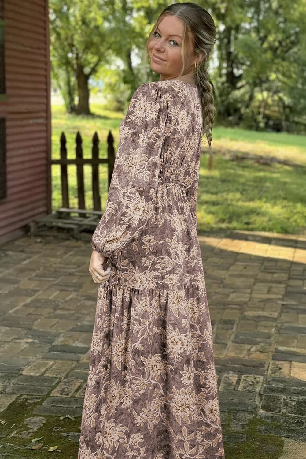 Floral Print Smocked High Waist Long Sleeve Maxi Dress sold by Beagle Boutique product image thumbnail 4