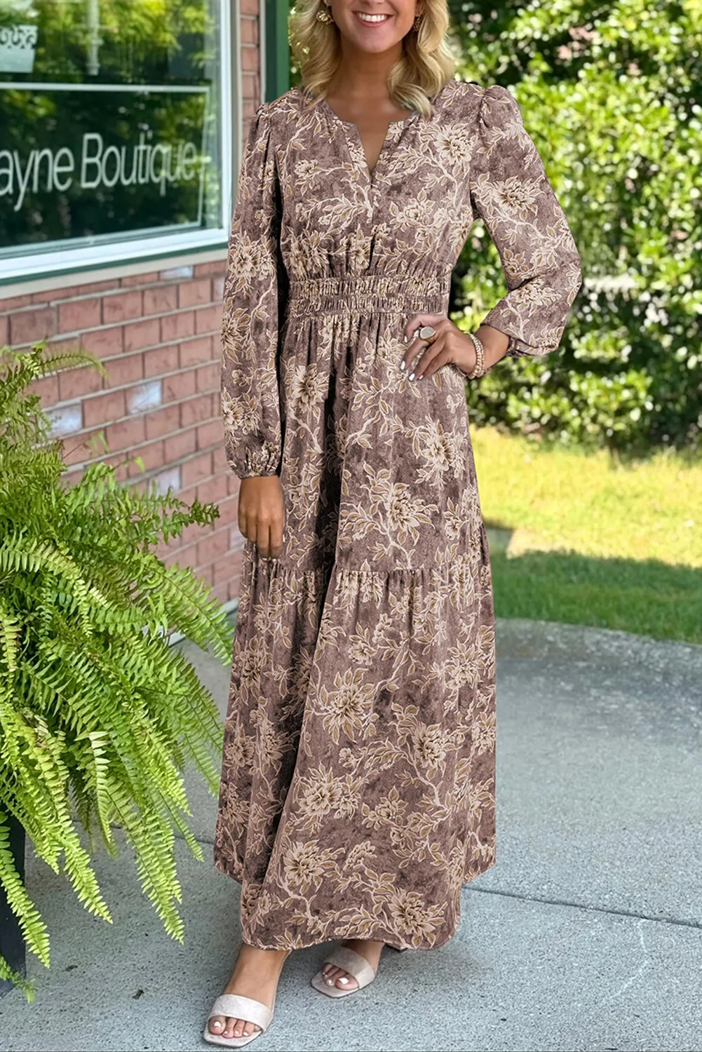 Floral Print Smocked High Waist Long Sleeve Maxi Dress sold by Beagle Boutique product image thumbnail 2