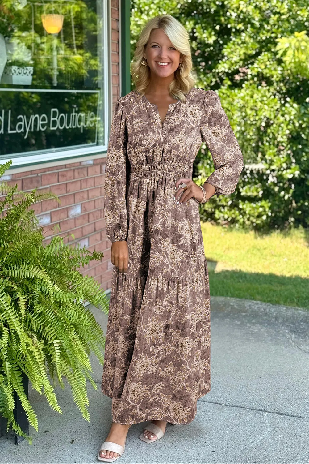 Floral Print Smocked High Waist Long Sleeve Maxi Dress sold by Beagle Boutique product image thumbnail 3
