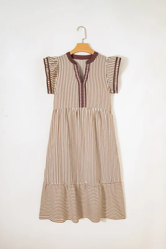 Striped Double Ruffled Short Sleeve Contrast Trim V-Neck Midi Dress sold by Beagle Boutique