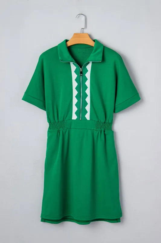 Bright Green Contrast Patchwork Half Zip Elastic Waist Short Sleeve Mini Dress made by Beagle Boutique
