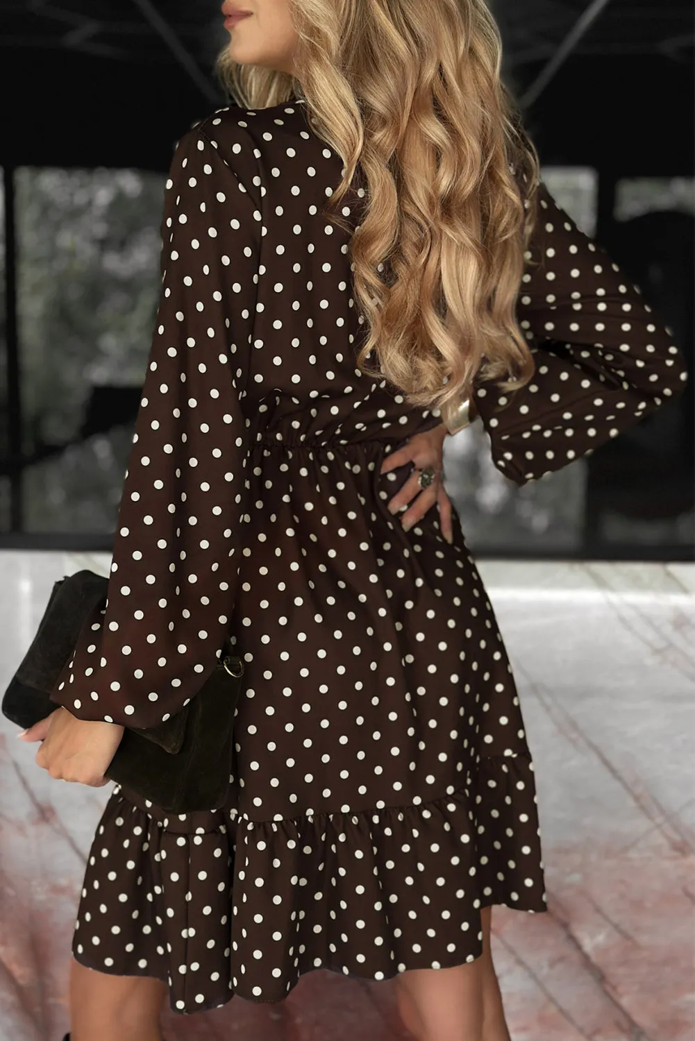 Brown Polka Dot Long Sleeve Wrap V-Neck Ruffle Hem Mini Dress sold by Beagle Boutique product image thumbnail 2