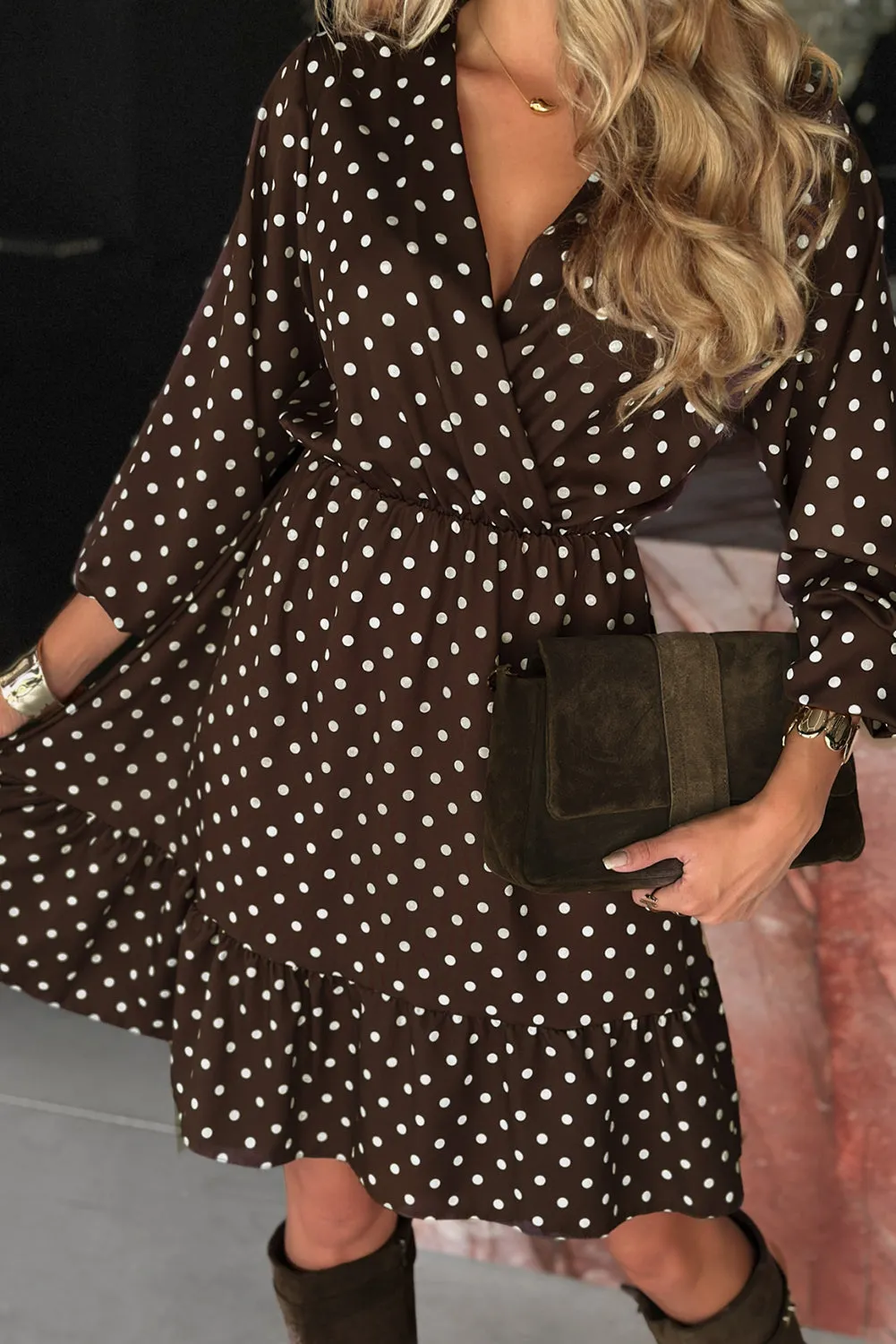 Brown Polka Dot Long Sleeve Wrap V-Neck Ruffle Hem Mini Dress sold by Beagle Boutique product image thumbnail 3