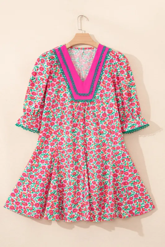 Pink Floral Print V-Neck Patchwork Short Bubble Sleeve Mini Dress sold by Beagle Boutique