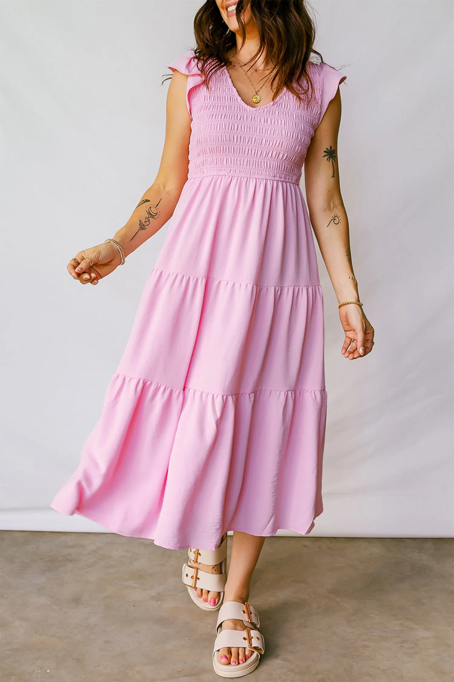 Pink Smocked Bodice Flutter Sleeve Fit Flare Tiered Midi Dress sold by Beagle Boutique product image thumbnail 4