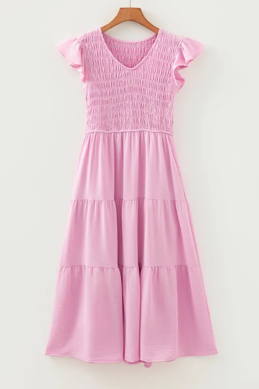 Pink Smocked Bodice Flutter Sleeve Fit Flare Tiered Midi Dress sold by Beagle Boutique