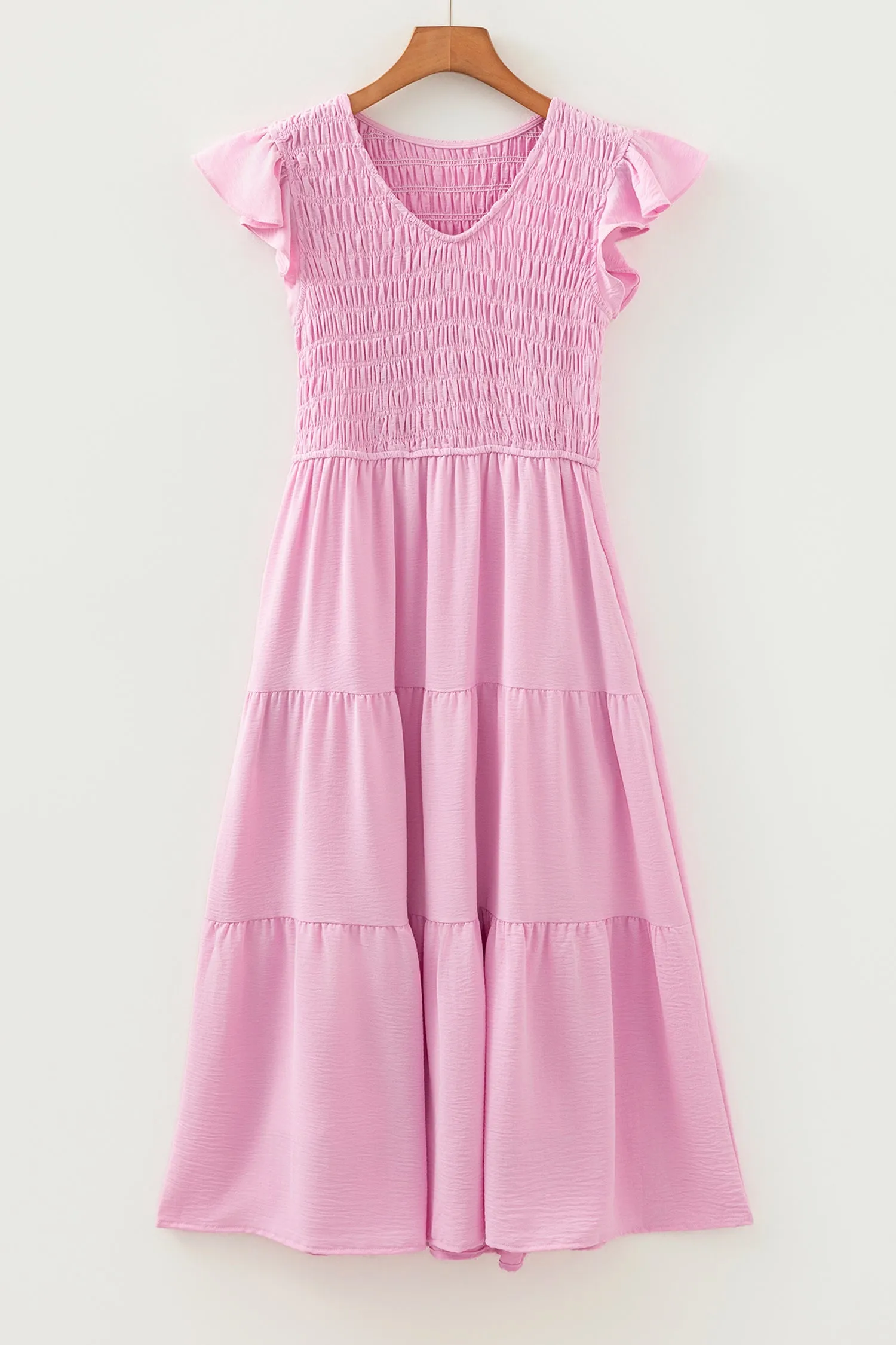 Pink Smocked Bodice Flutter Sleeve Fit Flare Tiered Midi Dress sold by Beagle Boutique