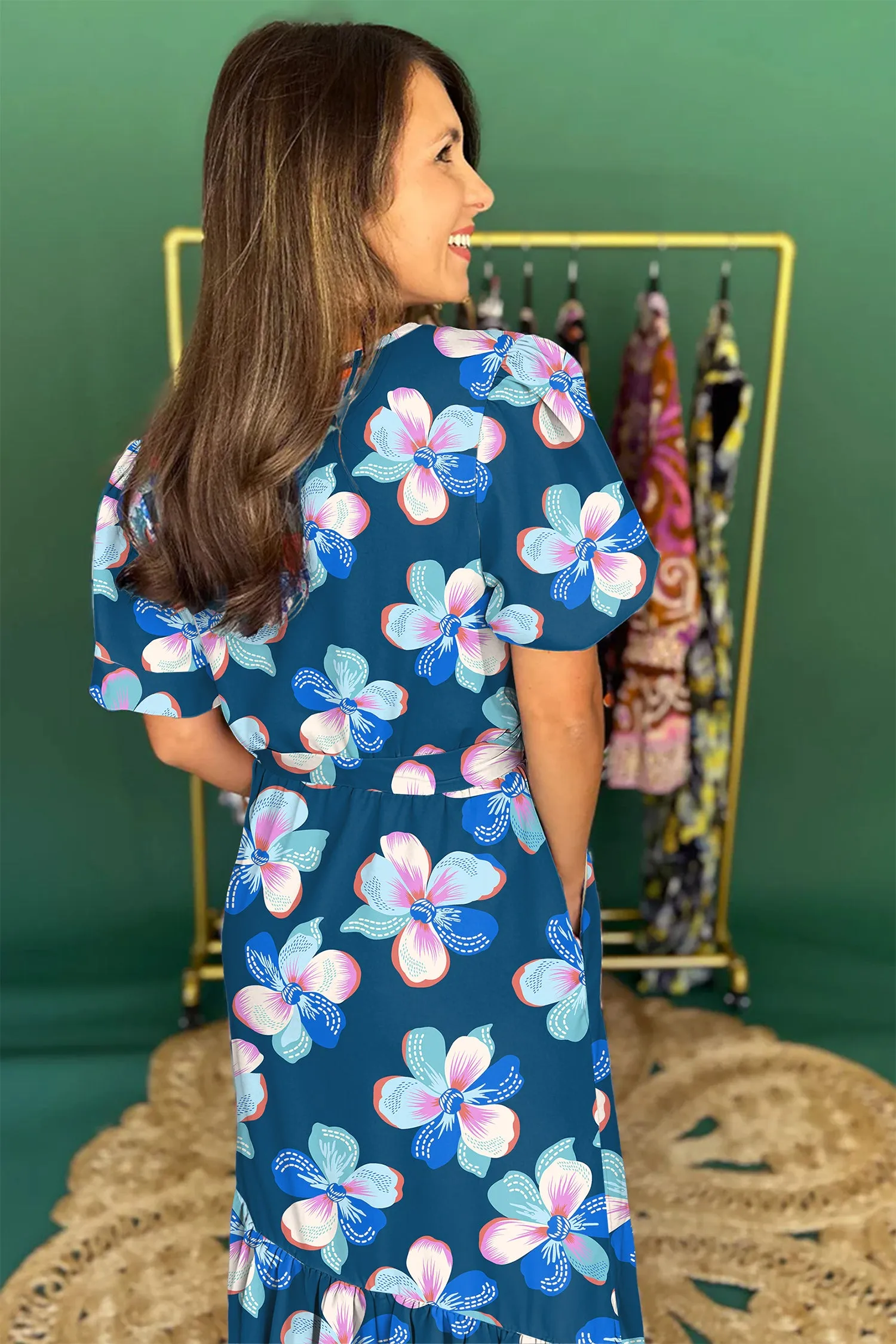 Blue Floral Print Short Puff Sleeve Ruffle Hem Belted Long Dress sold by Beagle Boutique product image thumbnail 3