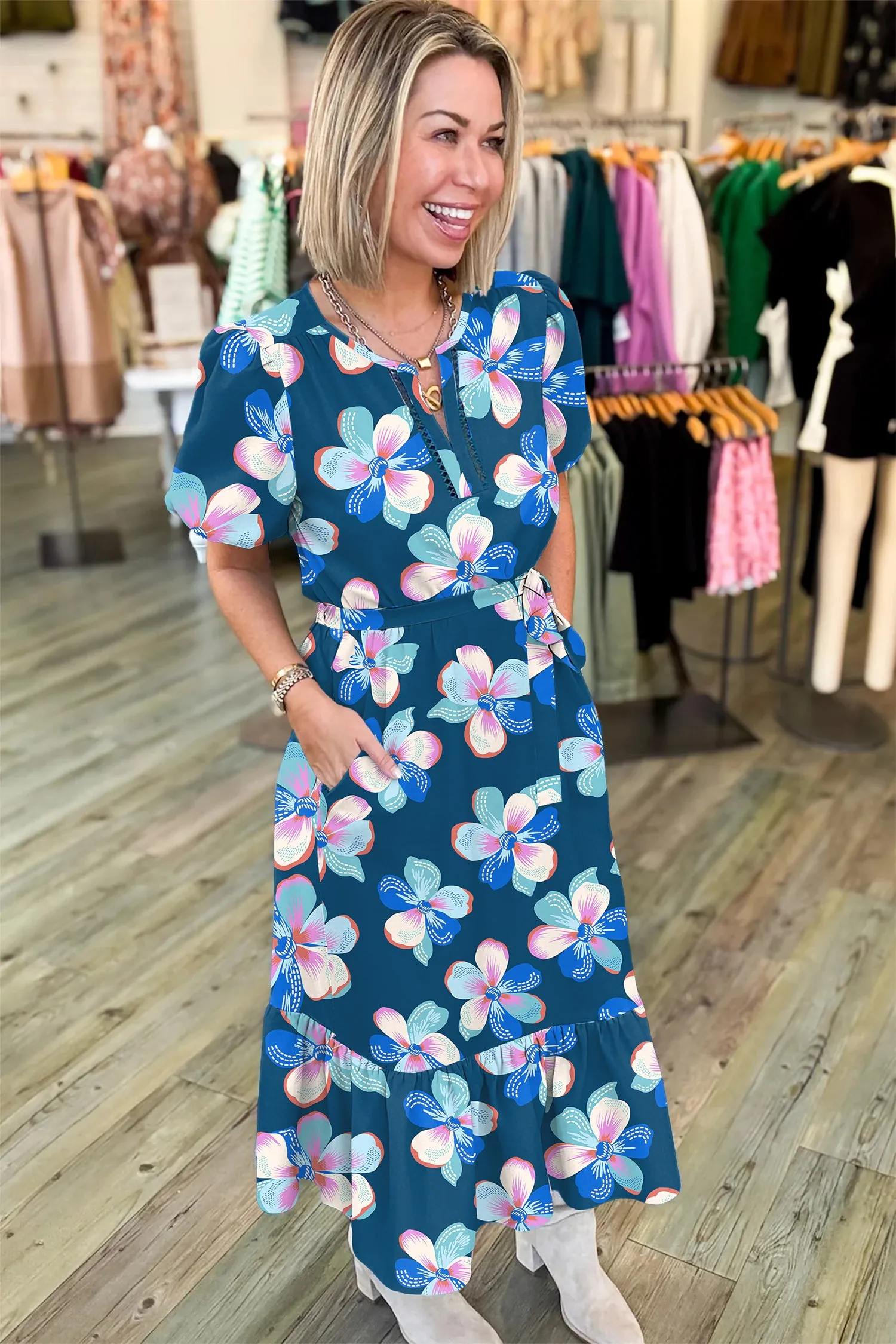 Blue Floral Print Short Puff Sleeve Ruffle Hem Belted Long Dress sold by Beagle Boutique product image thumbnail 4
