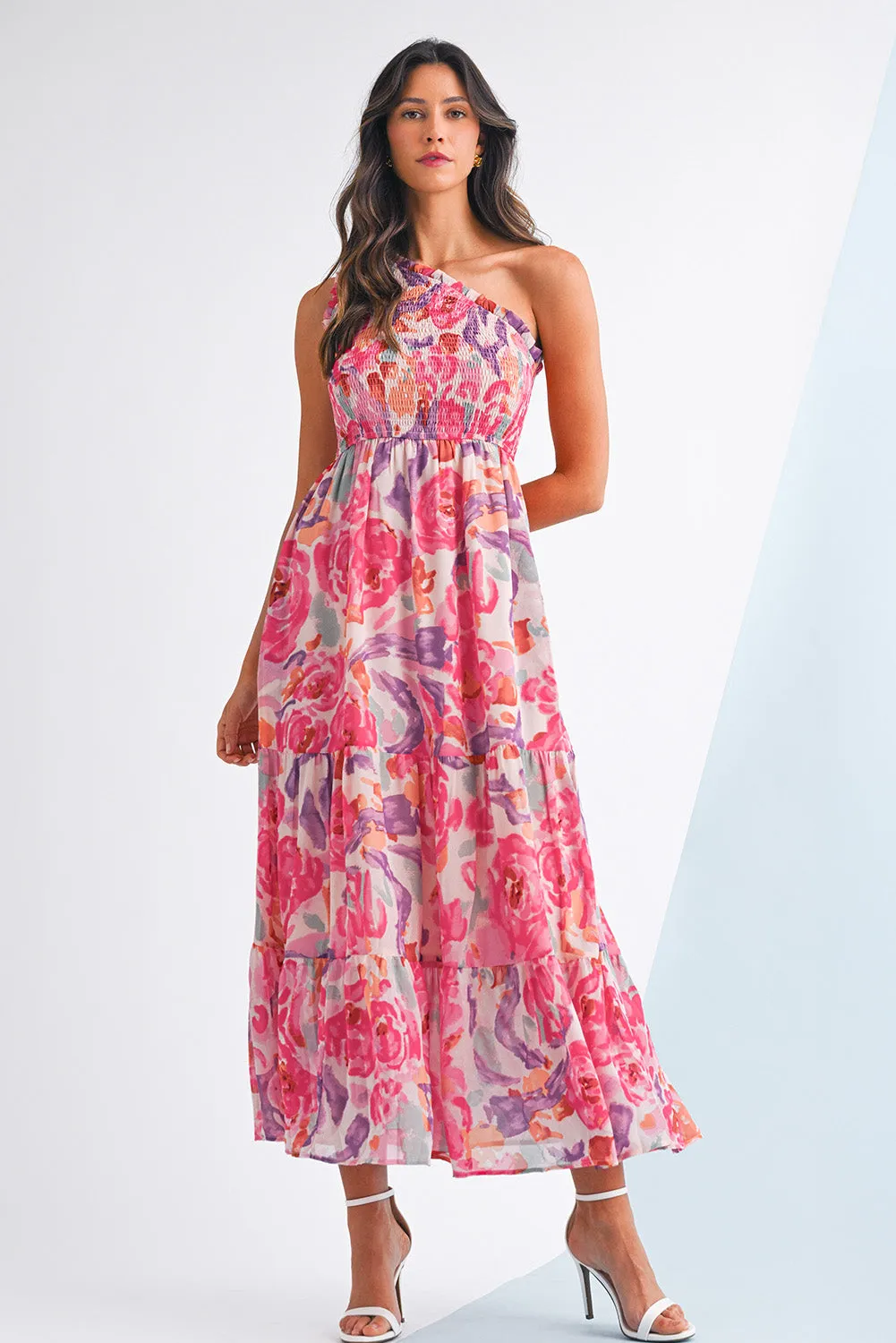 Pink Floral Print Shirred One Shoulder Maxi Dress sold by Beagle Boutique product image thumbnail 4