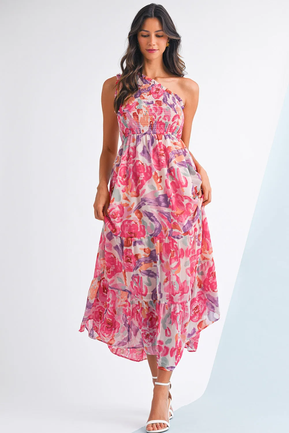 Pink Floral Print Shirred One Shoulder Maxi Dress sold by Beagle Boutique product image thumbnail 5