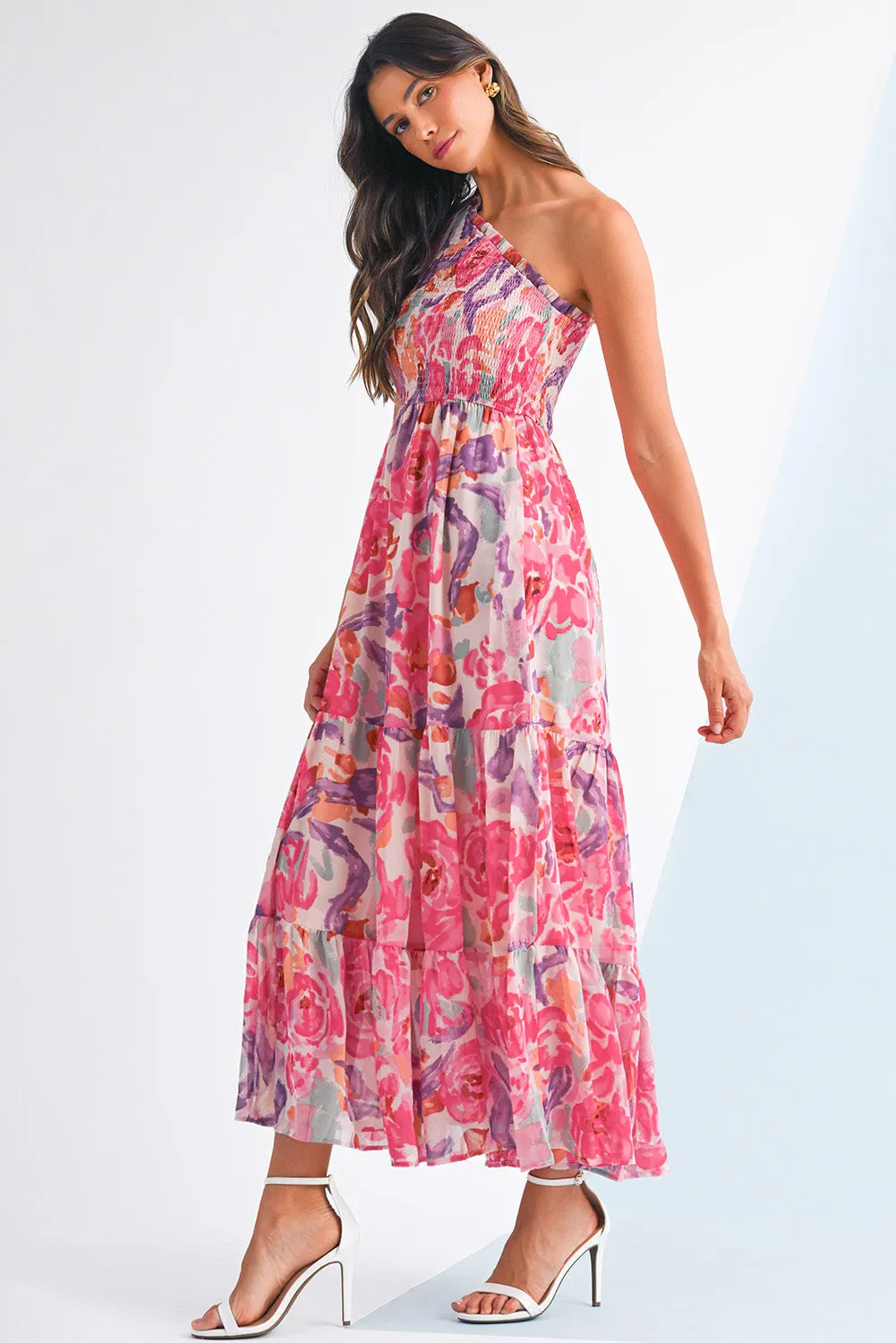 Pink Floral Print Shirred One Shoulder Maxi Dress sold by Beagle Boutique product image thumbnail 3