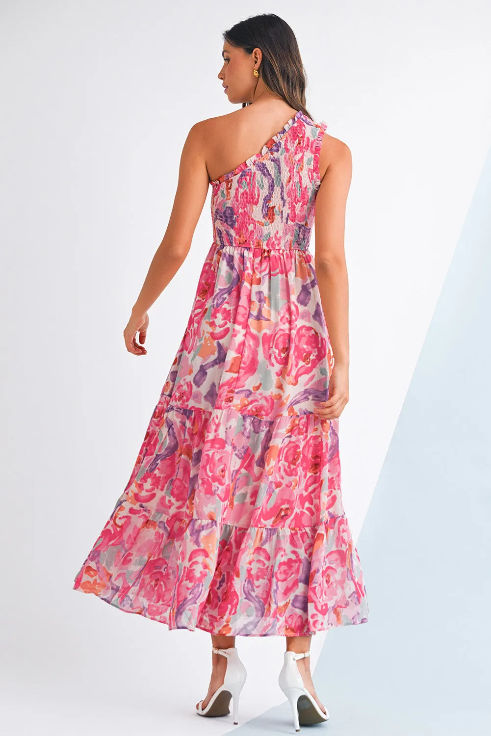 Pink Floral Print Shirred One Shoulder Maxi Dress sold by Beagle Boutique product image thumbnail 2