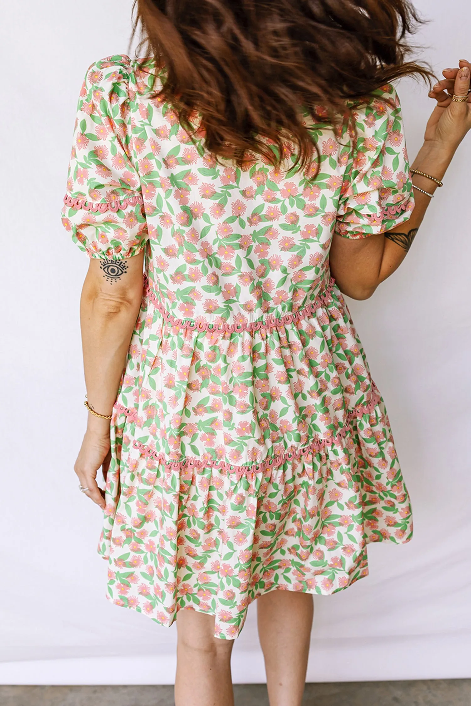 Green Contrast Neckline RicRac Trim Floral Short Puff Sleeve Dress sold by Beagle Boutique product image thumbnail 3