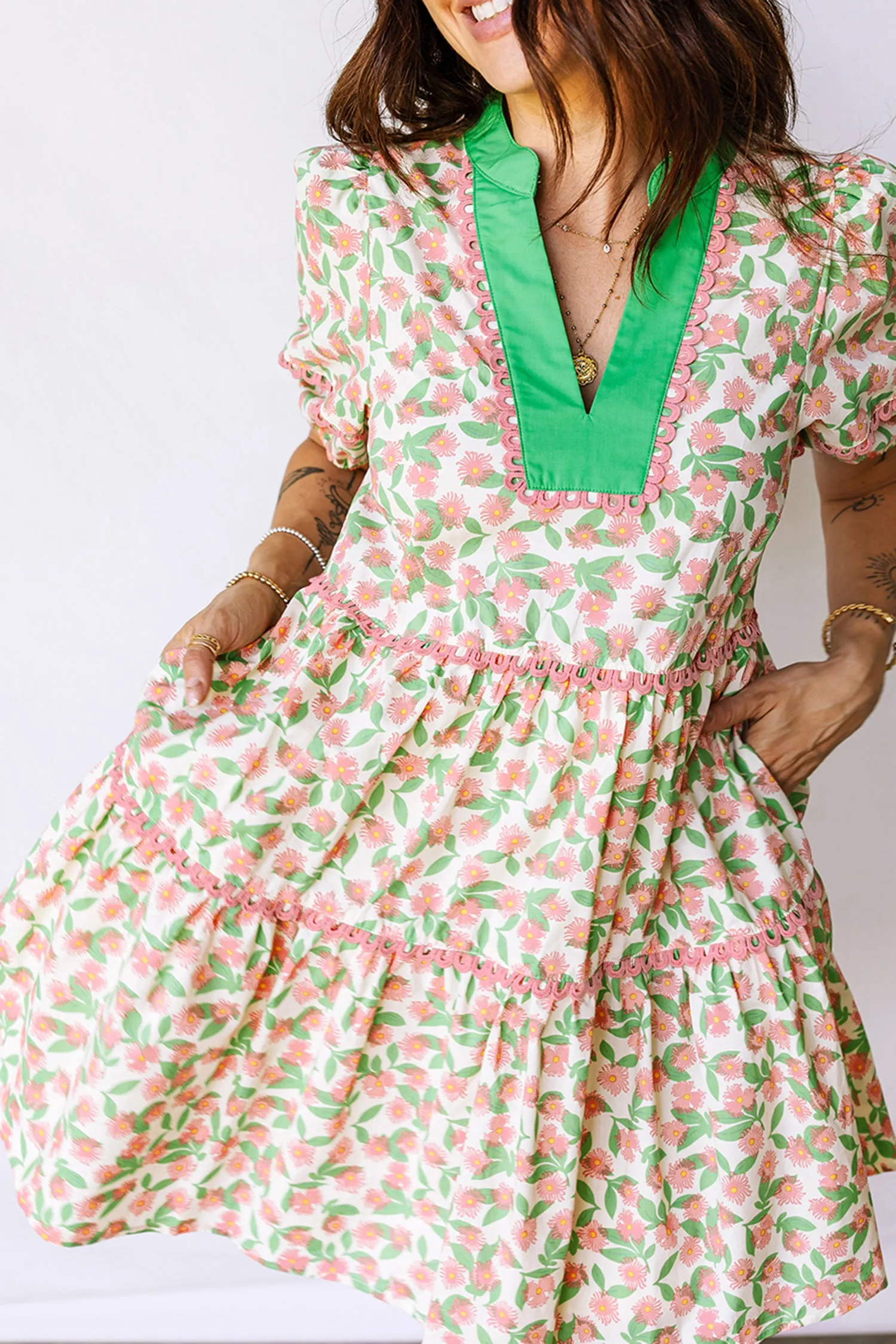 Green Contrast Neckline RicRac Trim Floral Short Puff Sleeve Dress sold by Beagle Boutique product image thumbnail 4
