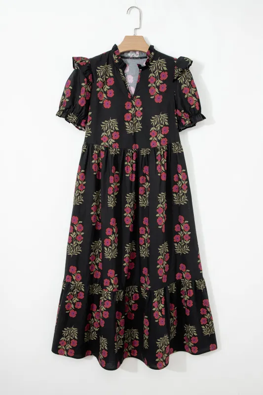 Floral Short Bubble Sleeve Tiered Maxi Dress sold by Beagle Boutique