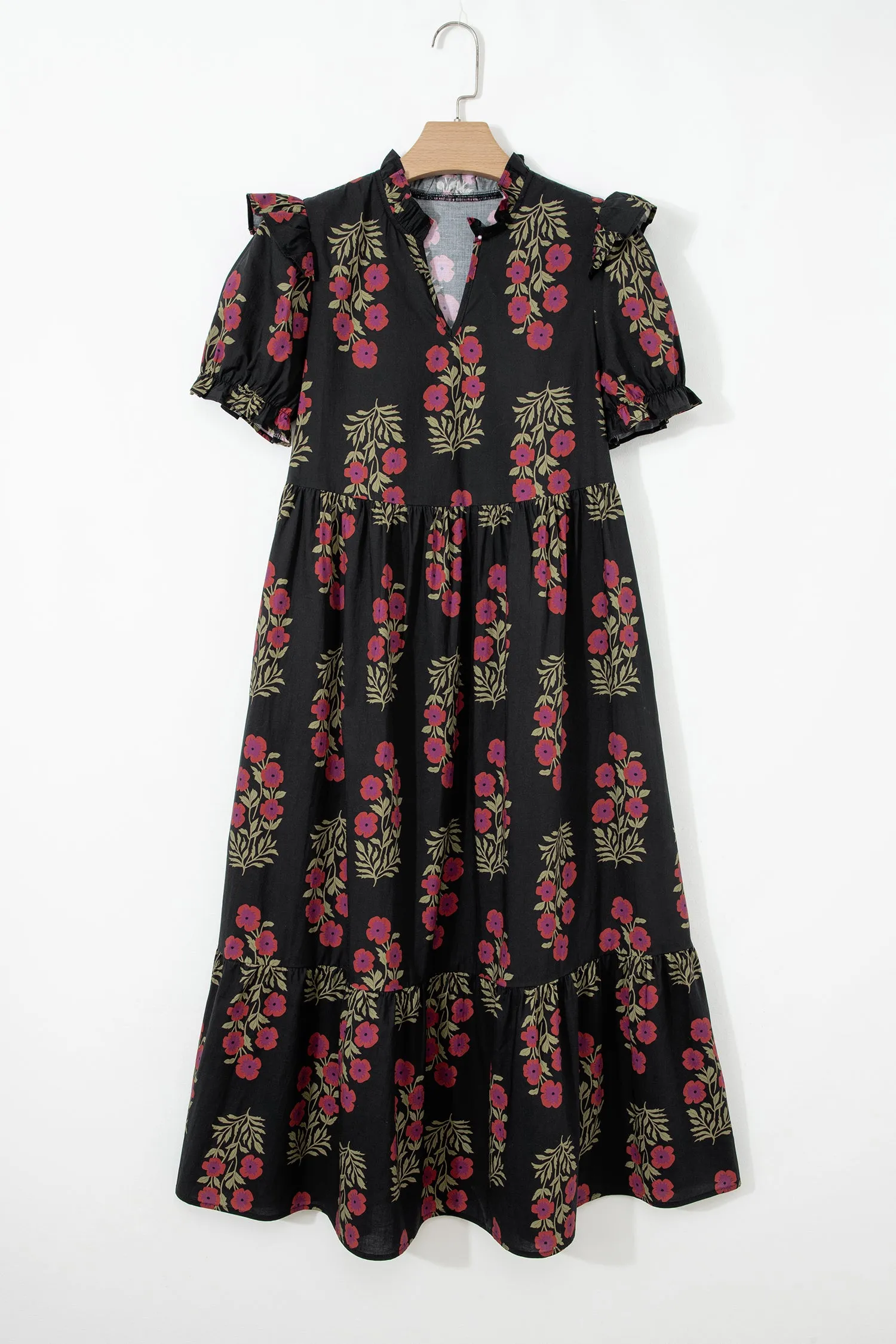 Floral Short Bubble Sleeve Tiered Maxi Dress sold by Beagle Boutique