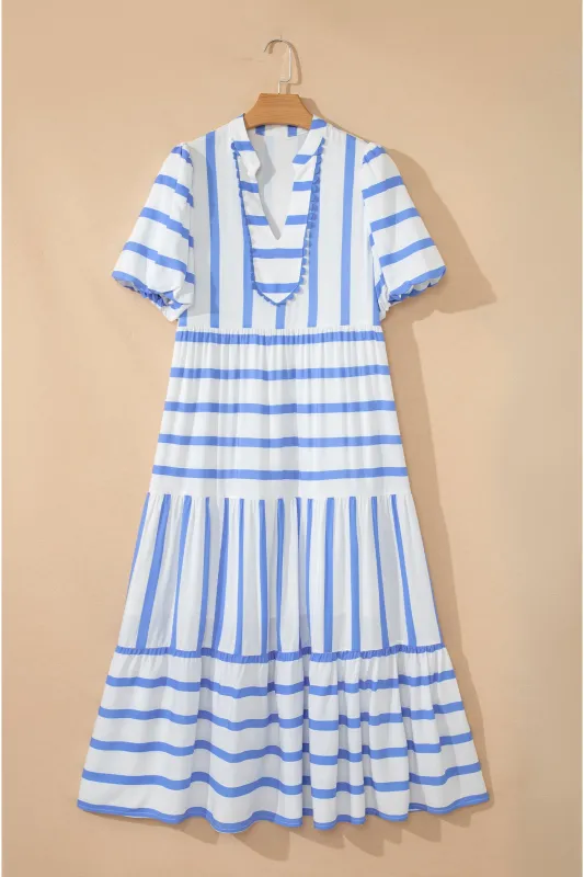 Stripe RicRac Trim Notched Neck Half Sleeve Long Dress sold by Beagle Boutique