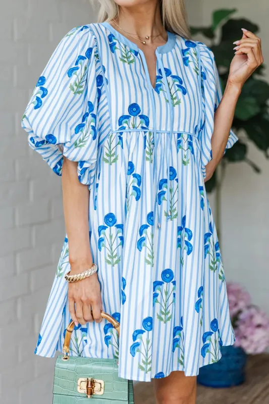 Floral Striped Print Tie Notched Neck Puff Sleeve Flared Mini Dress made by Beagle Boutique