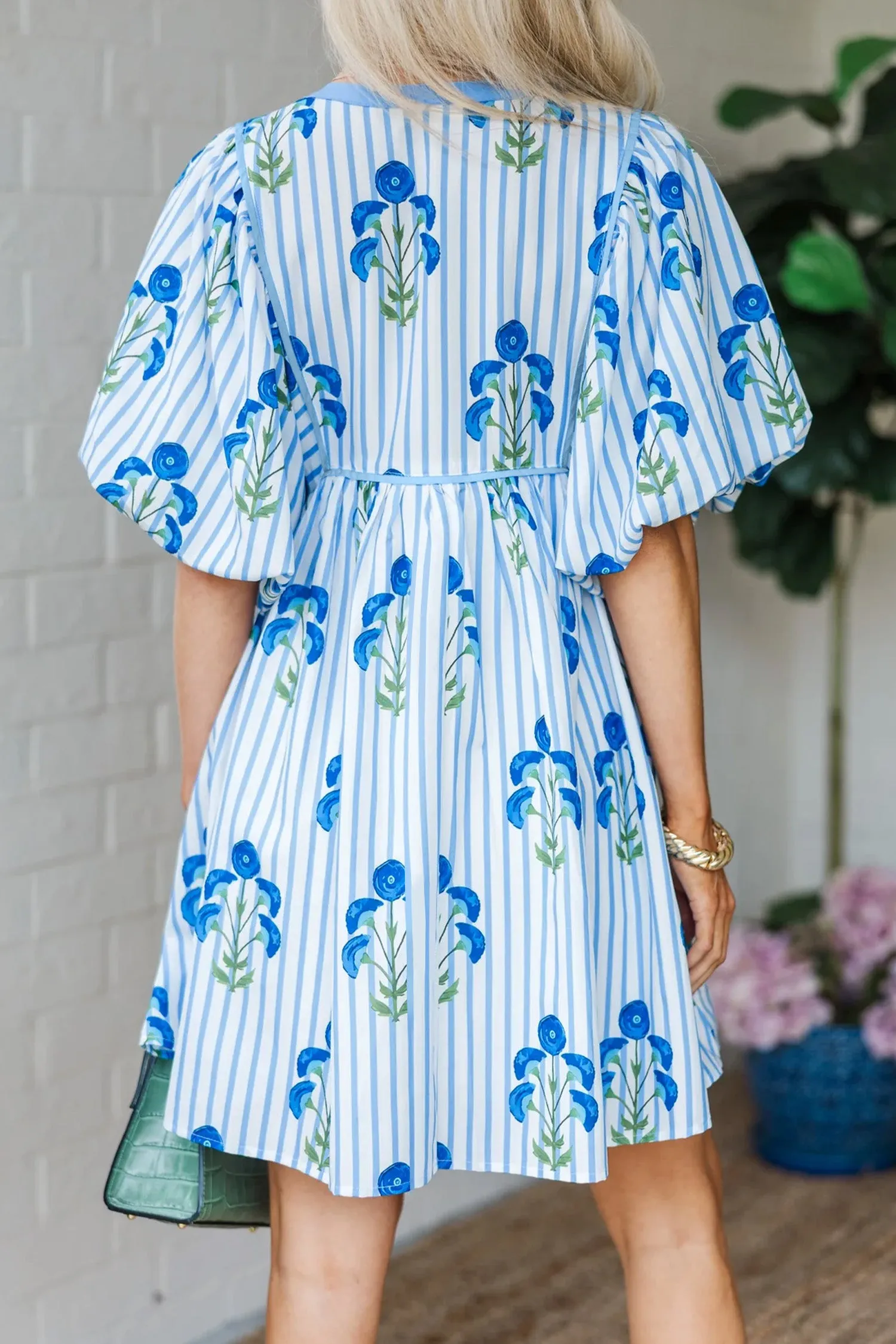 Floral Striped Print Tie Notched Neck Puff Sleeve Flared Mini Dress sold by Beagle Boutique product image thumbnail 2