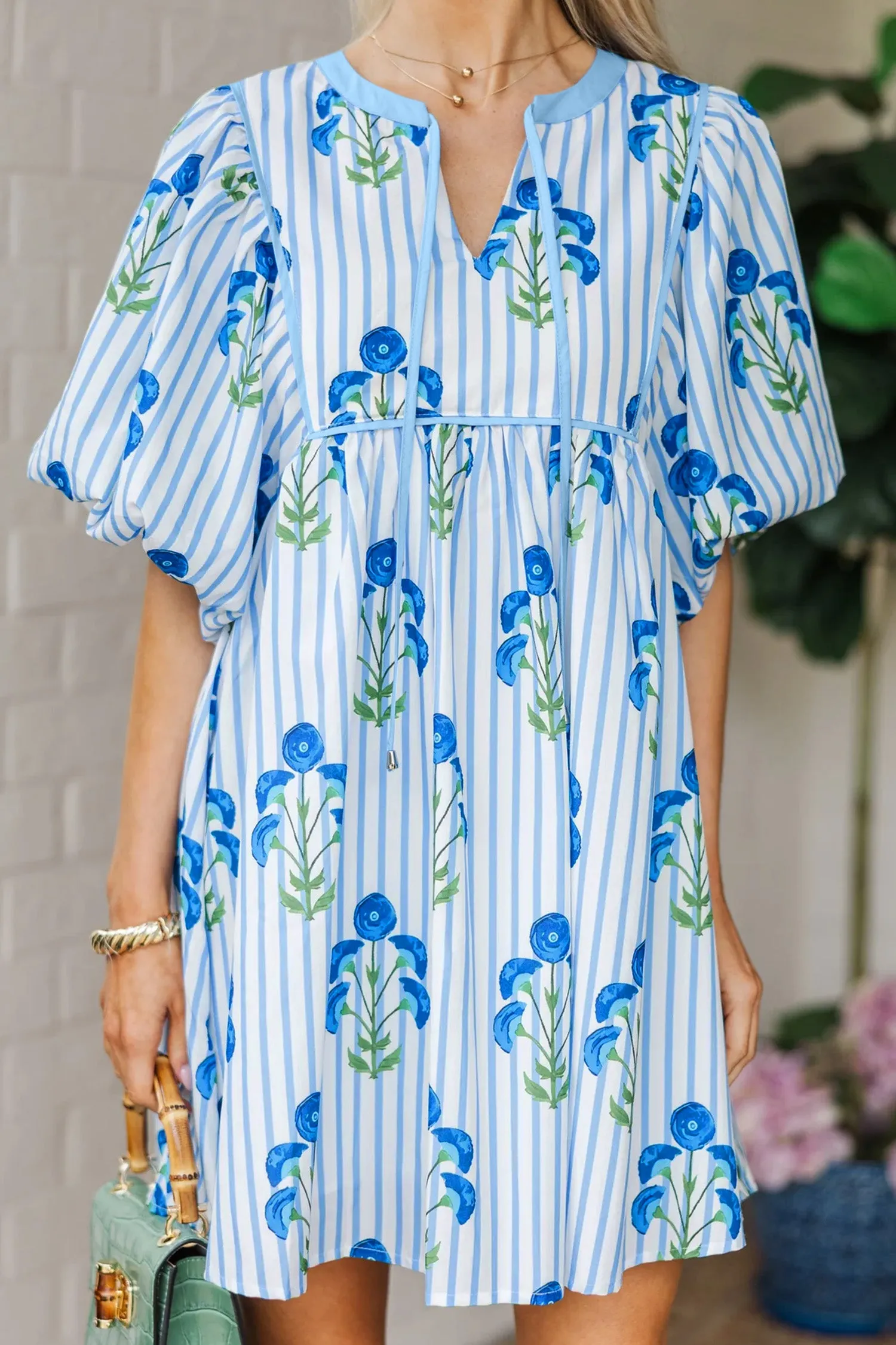 Floral Striped Print Tie Notched Neck Puff Sleeve Flared Mini Dress sold by Beagle Boutique product image thumbnail 3