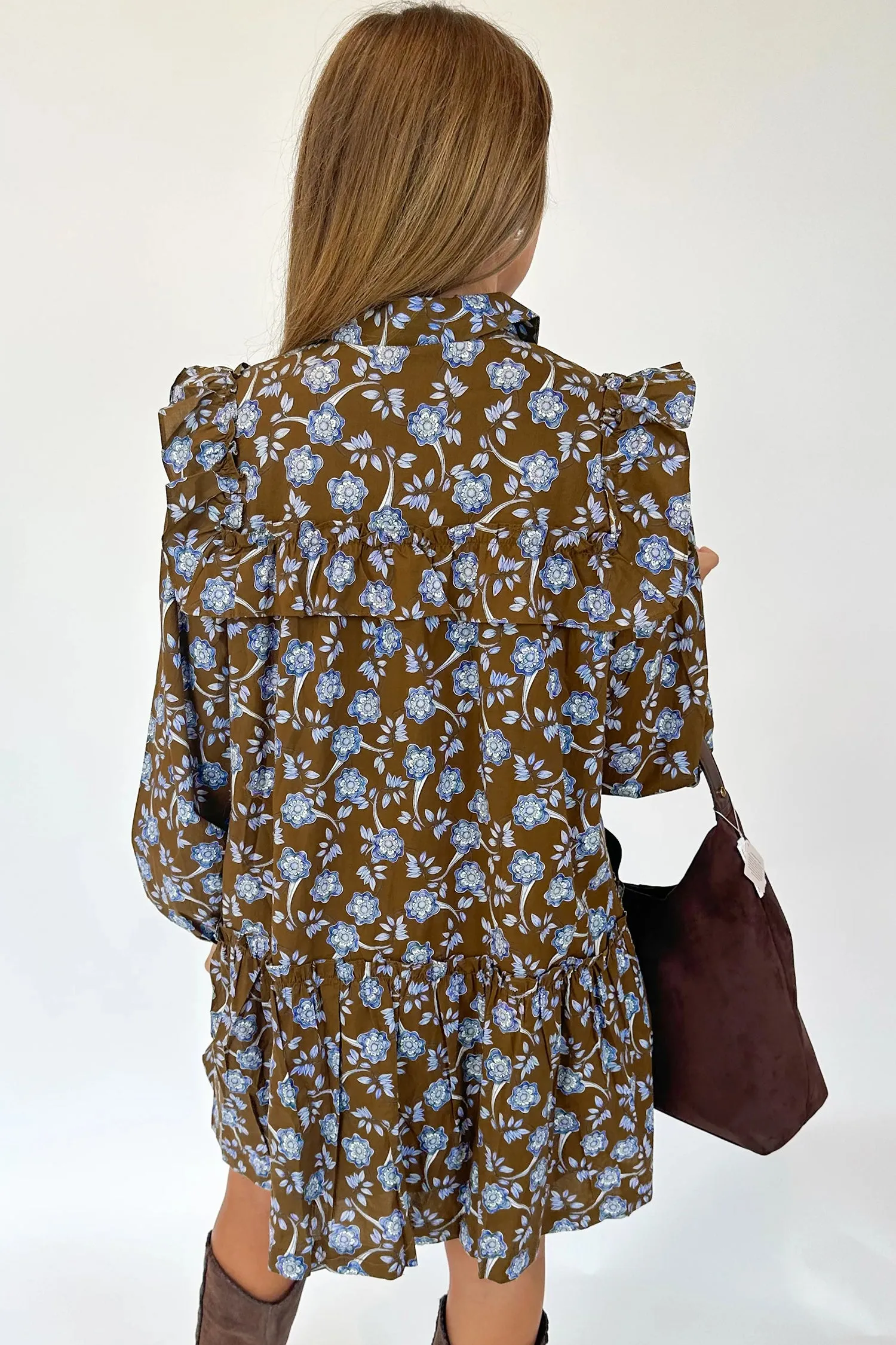 Brown Floral Print Ruffled Detail Shirt Collar Button Down Long Sleeve Dress sold by Beagle Boutique product image thumbnail 2