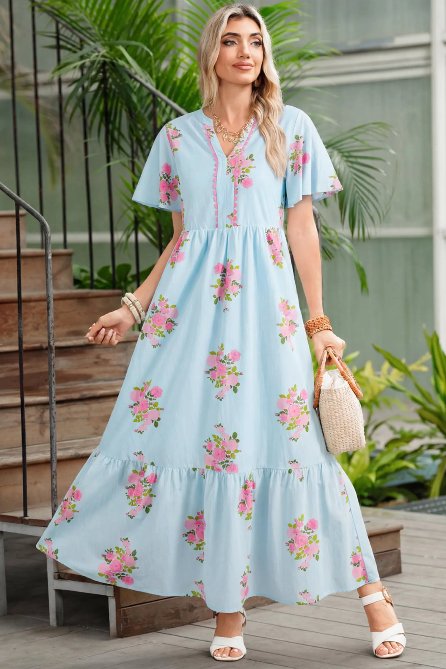 Notched Neck Flutter Short Sleeve Floral Print Maxi Dress sold by Beagle Boutique product image thumbnail 3