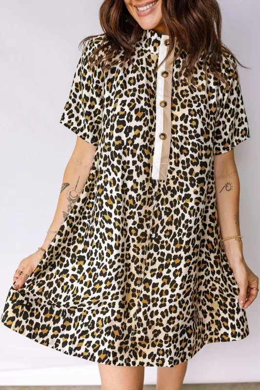 Multicolour Half Buttons Short Sleeve Loose Leopard Mini Dress with Pockets sold by Beagle Boutique