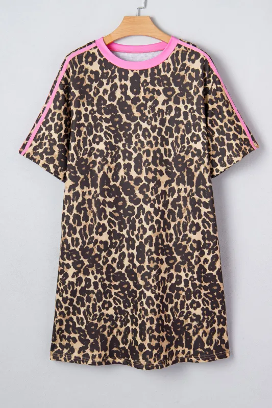 Leopard Print Contrast Varsity Striped Detail Loose T-Shirt Dress sold by Beagle Boutique