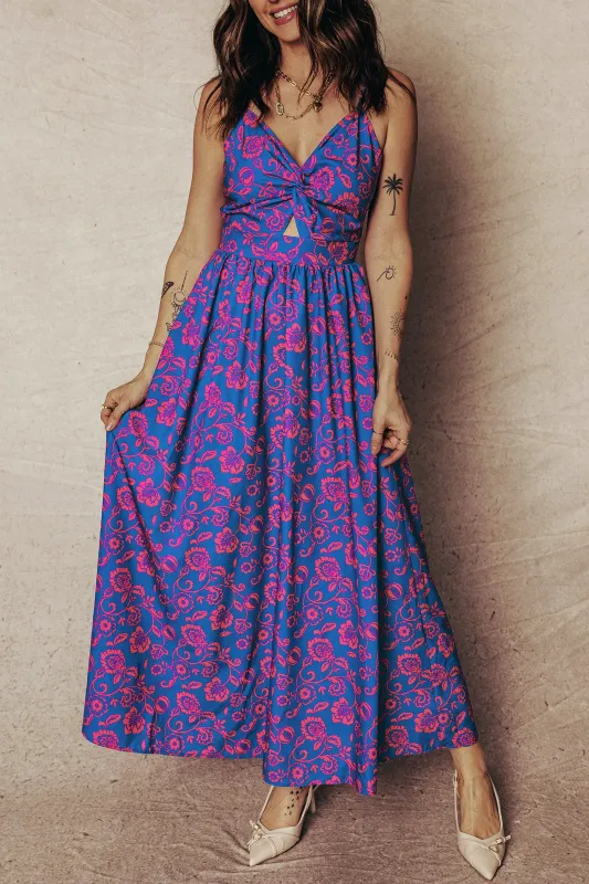 Blue Floral Print Twisted V-Neck Tied Backless Maxi Dress sold by Beagle Boutique