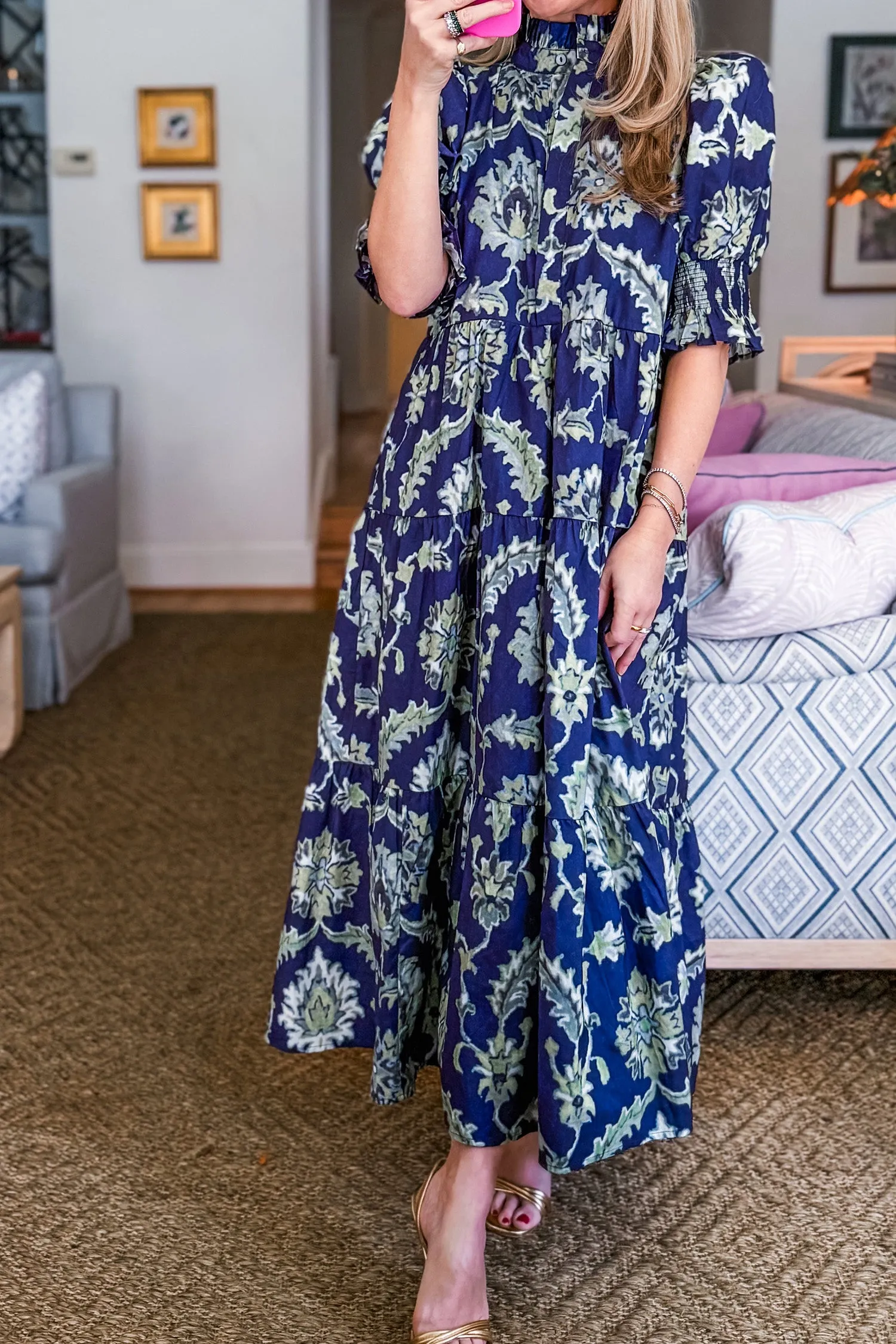 Blue Wild Floral Print Frilled Collar Half Sleeve Long Dress sold by Beagle Boutique product image thumbnail 4