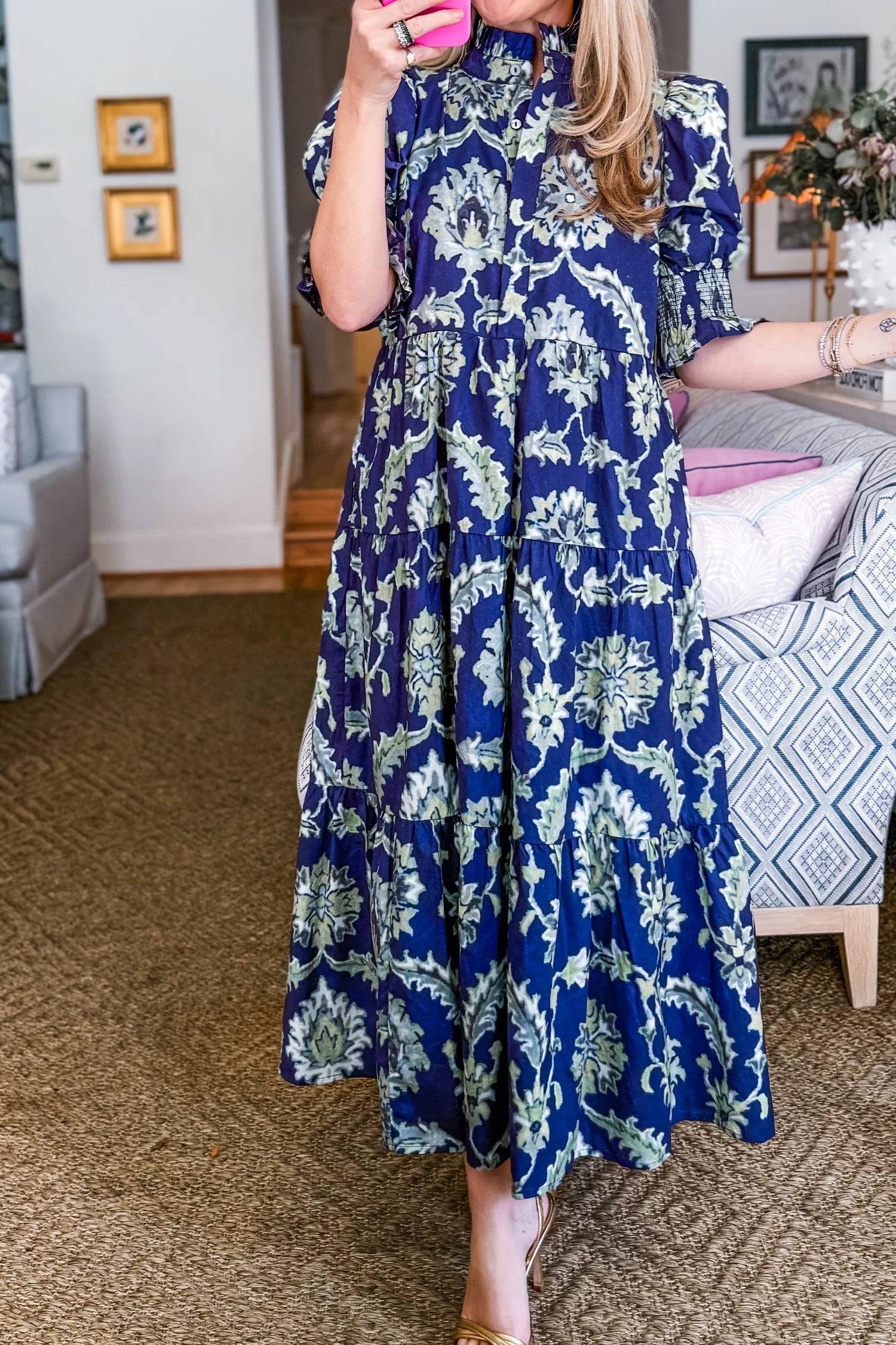Blue Wild Floral Print Frilled Collar Half Sleeve Long Dress sold by Beagle Boutique product image thumbnail 3