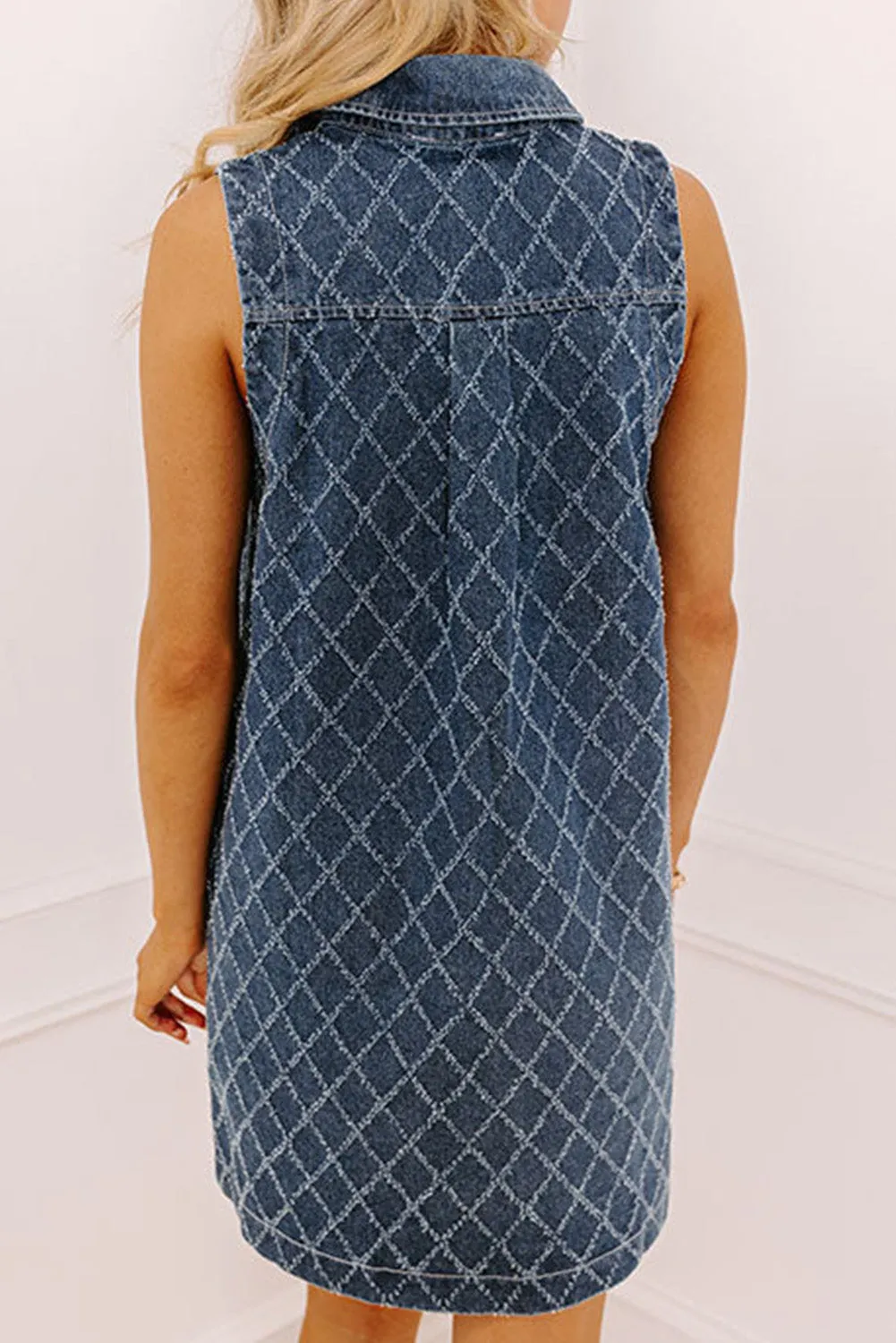 Rhombus Textured Collar Buttoned V-Neck Denim Sleeveless Mini Dress sold by Beagle Boutique product image thumbnail 2