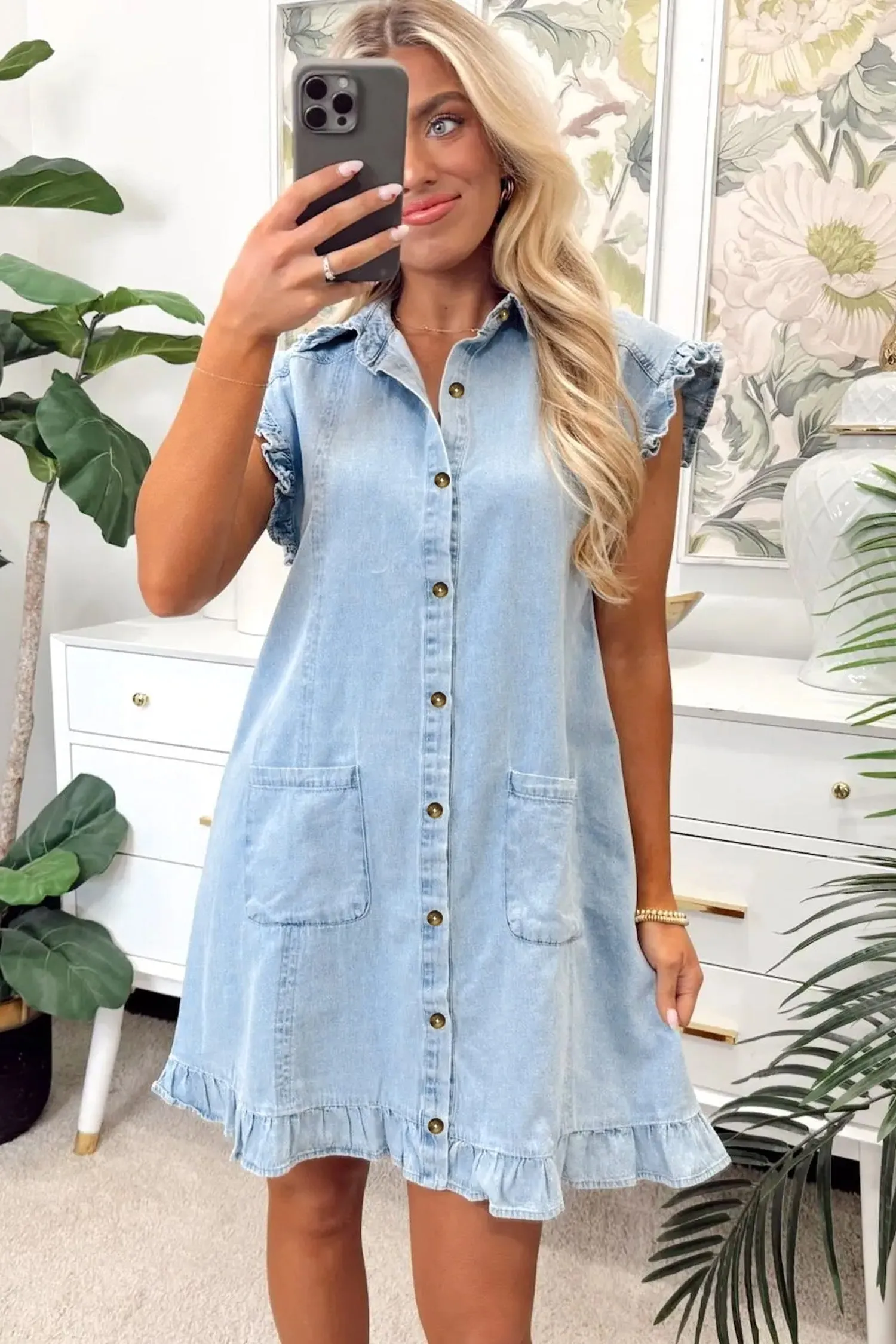 Blue Ruffled Edge Collared Shift Denim Dress with Pockets sold by Beagle Boutique product image thumbnail 2